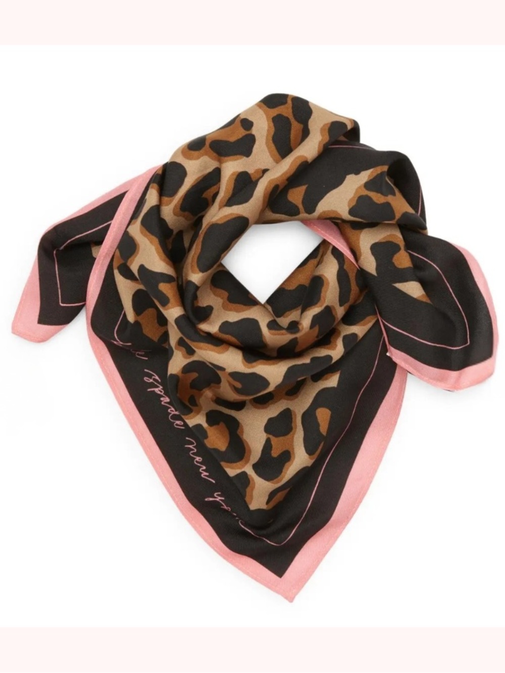 Kate Spade New York Leopard Print Cotton Silk Bandana Scarf Pink Trim NW - Picture 2 of 4